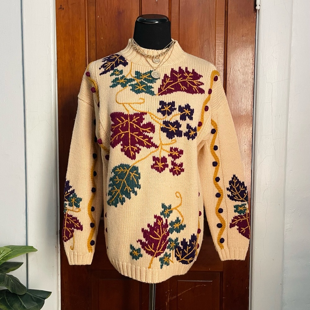 Sold🥀 Vintage Fall Leaf Oversized Chunky Knit Sweater Medium Cottagecore